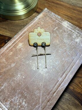 Pink Panache Gold Cross Drop Earrings with Crystal Studs